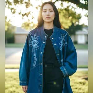 Vtg 80s Pado Cotton Denim Teal Blue Batwing Acid Wash Embroidered Snap Jacket OS